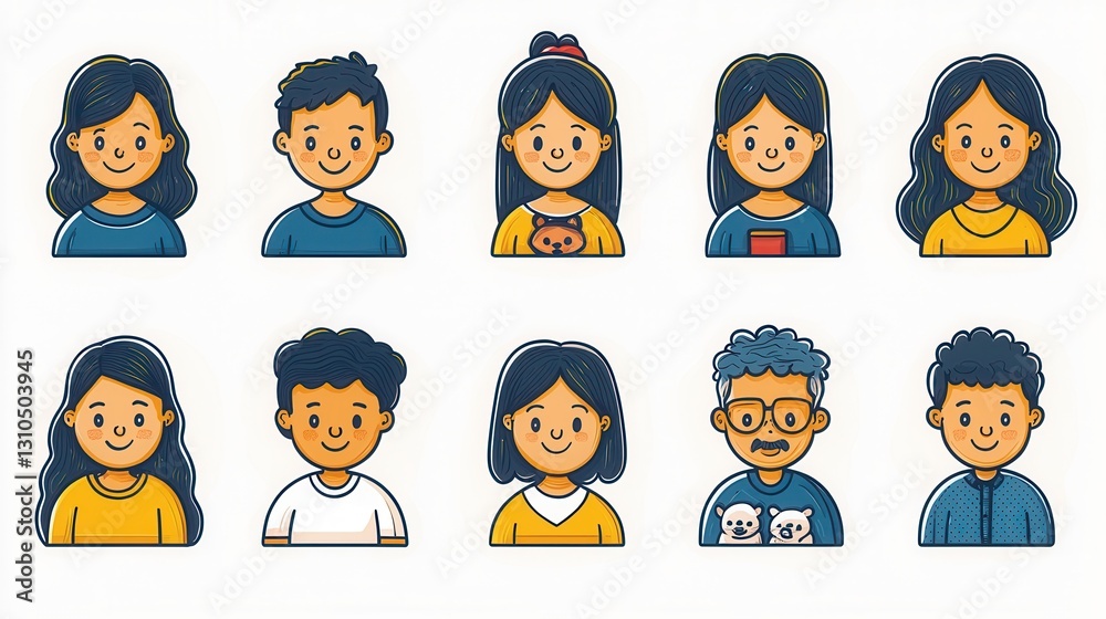 Poster set of minimalist family web icons with 15 diverse smiling character profiles in casual style for ui