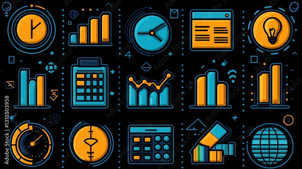 Poster minimalist line icon collection featuring 15 various statistics data and business analytics visualiz