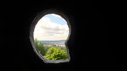 View through window of old concrete bridge over river with blue sky in summer landscape