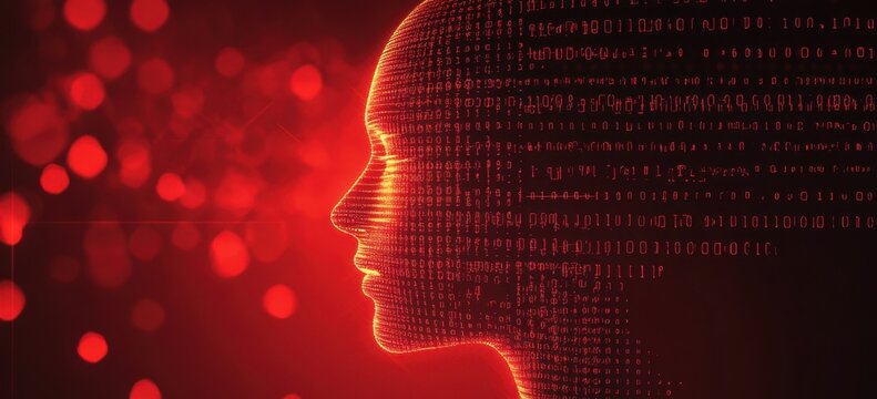 Red digital background vector illustration of an artificial intelligence concept with a human head profile and binary code Generative AI