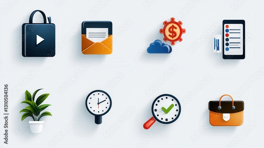 Poster minimalist and modern icon pack featuring 15 linear symbols representing various productivity busine