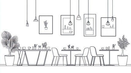 Cafe interior line drawing, minimalist design, empty tables, modern style, background elements