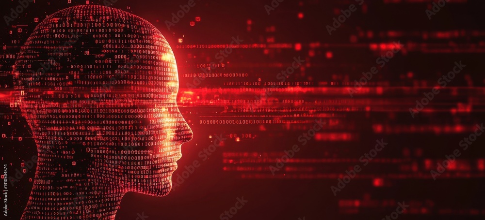 Poster red digital background illustration of an artificial intelligence concept with a human head profile 