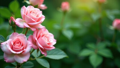 Pastel pink roses surrounded by lush greenery, romance, blooming, nature