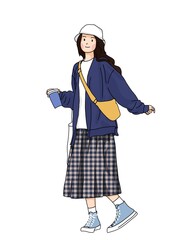 Casual Woman Walking with Coffee, Trendy Outfit Illustration.