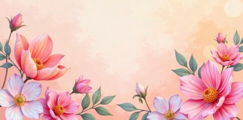 Pastel watercolor blooms on a soft peach background , delicate, pastel, romantic
