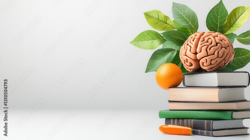 Poster minimalist visual representation of the brain learning and knowledge with an orange object and a sta