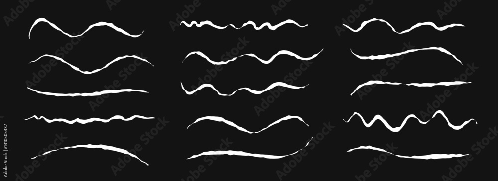 Poster hand drawn chalk wave lines set. white pastel squiggle underlines and strokes collection. wavy crayo
