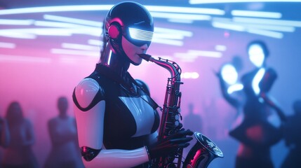 Robot Saxophonist in Neon Nightclub