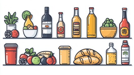 Minimalist and stylish icon pack featuring an arrangement of fresh organic foods herbs spices and beverages on wooden shelves conveying a nutrition focused and healthy lifestyle concept