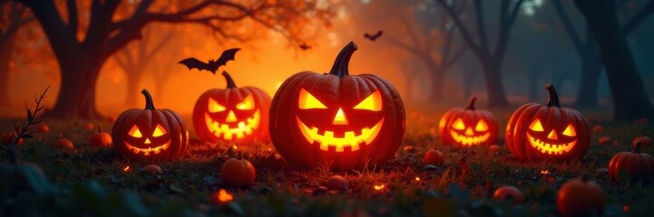 Pumpkin silhouettes with Halloween typography in a spooky orange glow, autumn, fall, glow