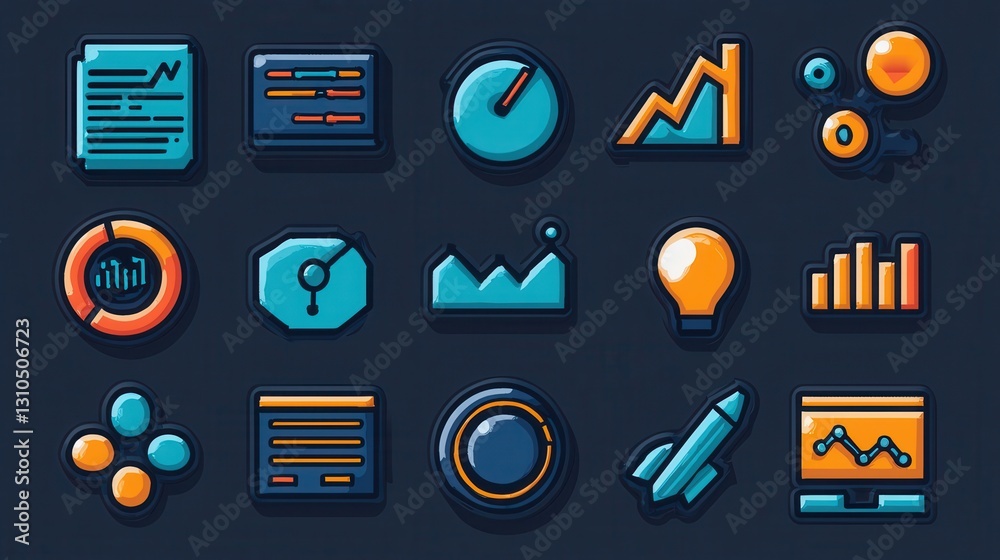 Poster collection of modern statistical data icons and analytical visualization symbols presented in a clea