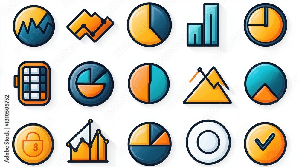 Poster a collection of modern statistical data icons in a flat outline style featuring various geometric sh