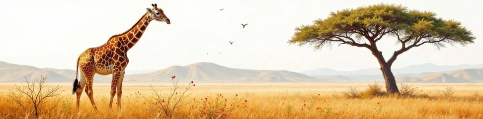 Watercolor giraffe in savannah habitat, illustration, wildlife, animal