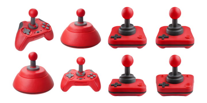 Collection of Red Gaming Controllers and Joysticks on a White Background, isolated on transparent background