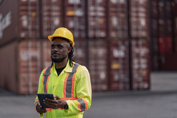 A male construction worker wearing a yellow hard hat and high-visibility safety vest, holding a...