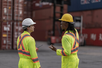 Two professional workers in neon reflective suits shake hands in a logistics hub, highlighting teamwork, agreement, and successful coordination in freight, transportation, and supply chain operations