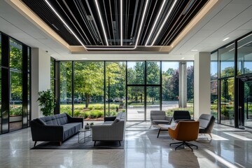 Fototapeta premium Modern office lobby with large windows overlooking a park. Spacious, bright, and contemporary design features comfortable seating areas.