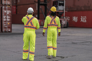 Two workers in reflective suits walk through a container yard, overseeing logistics, transportation, and supply chain operations, ensuring safety and efficiency in global freight handling.