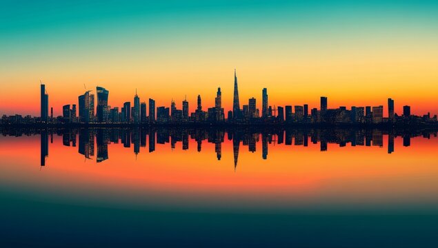 City skyline reflection at sunset over water