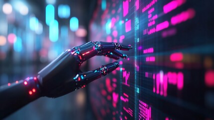 Fototapeta premium Robotic hand interacts with digital data display