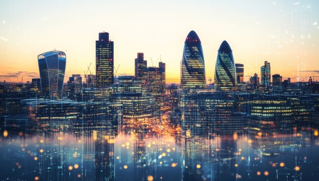 London Skyline at Dusk with Digital Overlay