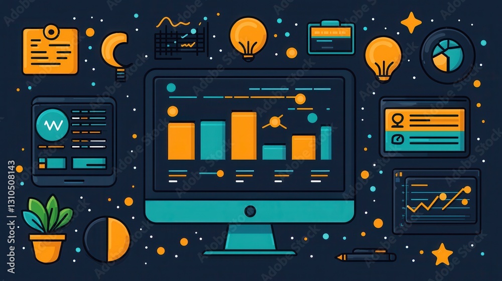 Poster digital dashboard display with various data visualization elements such as charts graphs and infogra
