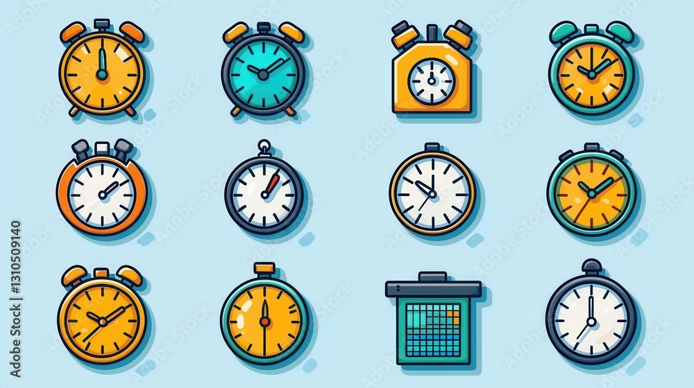 Poster set of 15 outline icons featuring various time related symbols and concepts for business productivit