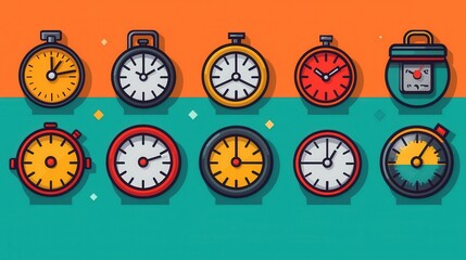 A collection of 15 outline icons showcasing a diverse range of time related symbols objects and concepts  From classic analog clocks and digital timers to hourglasses and sundials