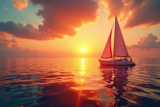 Sailboat sailing on calm ocean at sunset , sea, sailboat, wave