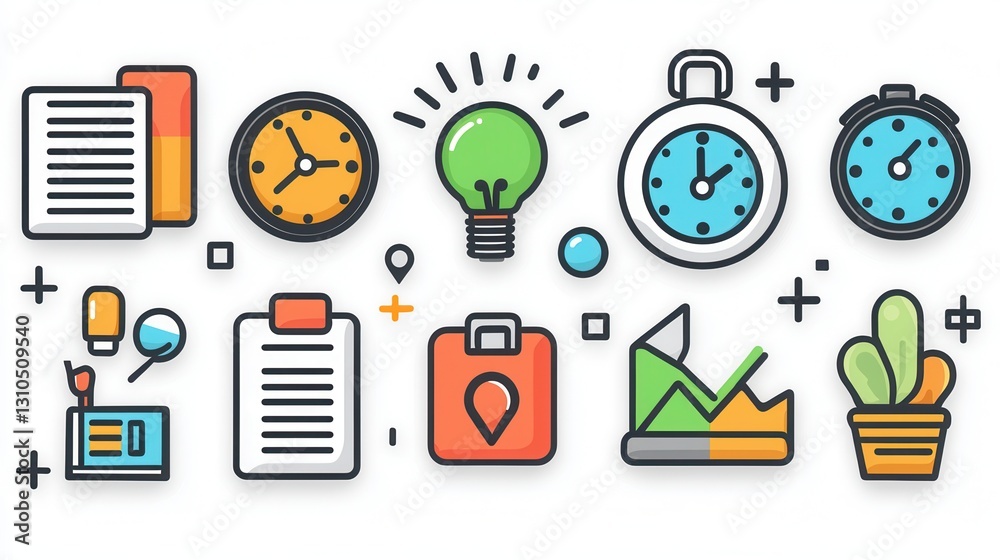 Poster set of 15 outline icons representing action plan goal setting task management and workflow optimizat