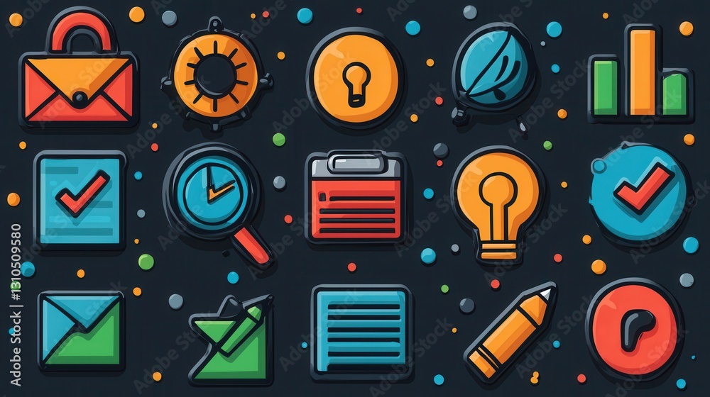 Poster set of 15 outline icons representing various action plan business strategy analytics and productivit