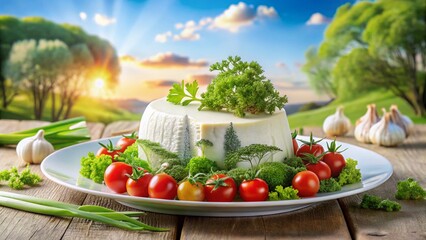 Fototapeta premium Fresh Vegetables & Sheep Cheese Platter: Double Exposure Photography