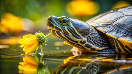 Freshwater Turtle Eating Yellow Flower - Aquatic Reptile Closeup