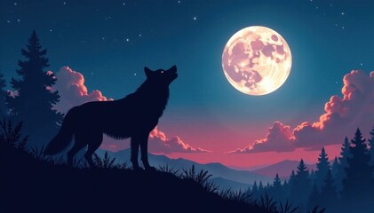 Obraz premium Wolf's silhouette against full moon sky with howling sound effects, wolf, animal, full moon