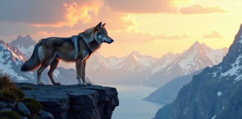Naklejka premium Wolf standing on cliff edge with wind in fur, mountain, cliff, nature