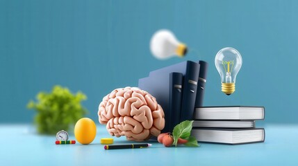 Set of icon symbols representing various elements of knowledge learning and creativity including a brain lightbulb books stationery and a plant to convey the concepts of education research innovation