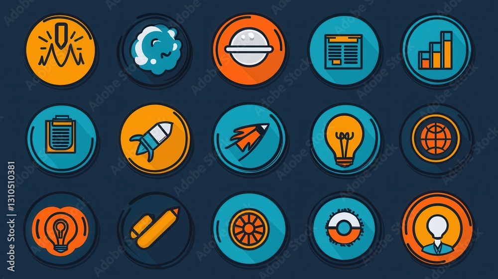 Poster set of outline icons visualizing corporate teamwork and business strategies for growth success and p