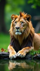 Fototapeta premium Serene Lioness Lying by Pond , wildlife, lioness, lake