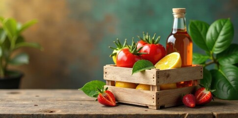 Wooden crate with organic products, organic, natural, rustic