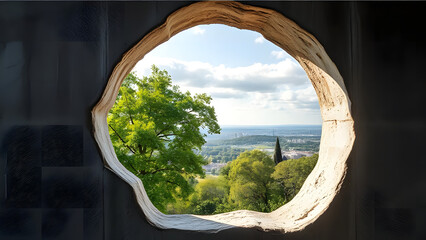 Fototapeta premium View through window of old concrete bridge over river with blue sky in summer landscape