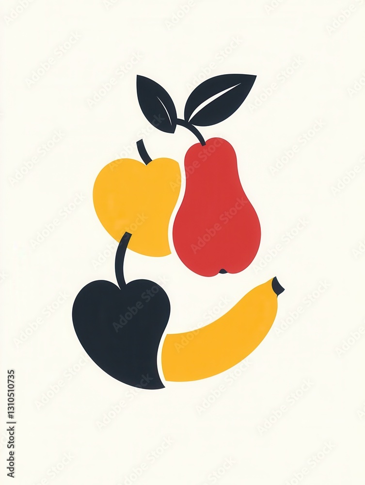 Poster minimalist fruit logo featuring abstract apple pear and banana on a white background with soft shado