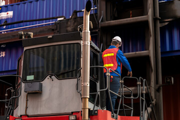Two logistics workers man and woman discuss operations at a busy shipping container yard. successful coordination in freight, transportation, and supply chain operations