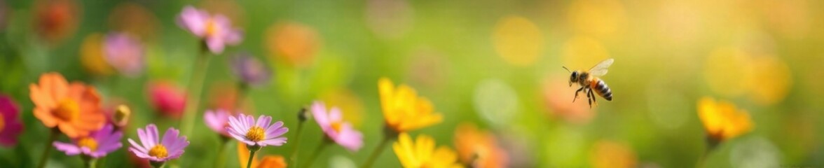 Obraz premium Yellow bee flying over colorful flowers in meadow, flying, flowers, wings