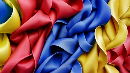 Colorful fabric folds represent national pride with blue, yellow, and red hues in an artistic display of texture and pattern