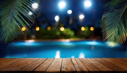 Tropical Nights Luxurious Wooden Table Staged Beneath Lush Palm Trees and a Glittering Moonlit Pool, Exuding Elegance and Serenity in a Tropical Paradise.