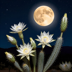 Night blooming cereus under moonlit sky - selenicereus grandiflorus in a desert night scene.