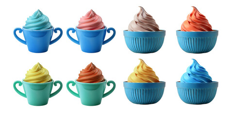 Colorful Soft Serve Ice Cream in Various Cups on Bright Background, isolated on transparent background