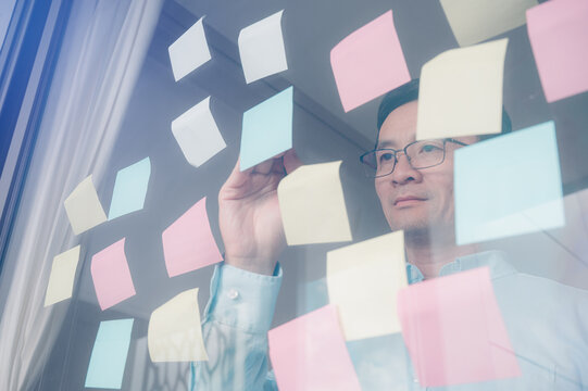 A man in casual attire, standing at an office notice mirror wall board with colorful post-it notes and complex flow charts, focusing on creating creative designs for marketing material