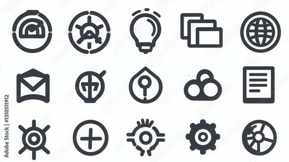 Poster a set of 15 unique and minimalist outline icons that focus on the concepts of workflow management